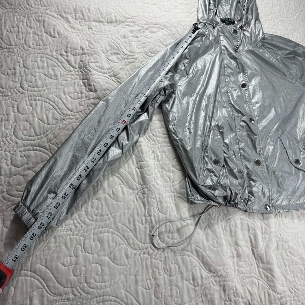 Ralph Lauren Silver‎ Foil Metallic Hooded Full Zip Windbreaker Women's Large EUC - Picture 10 of 11